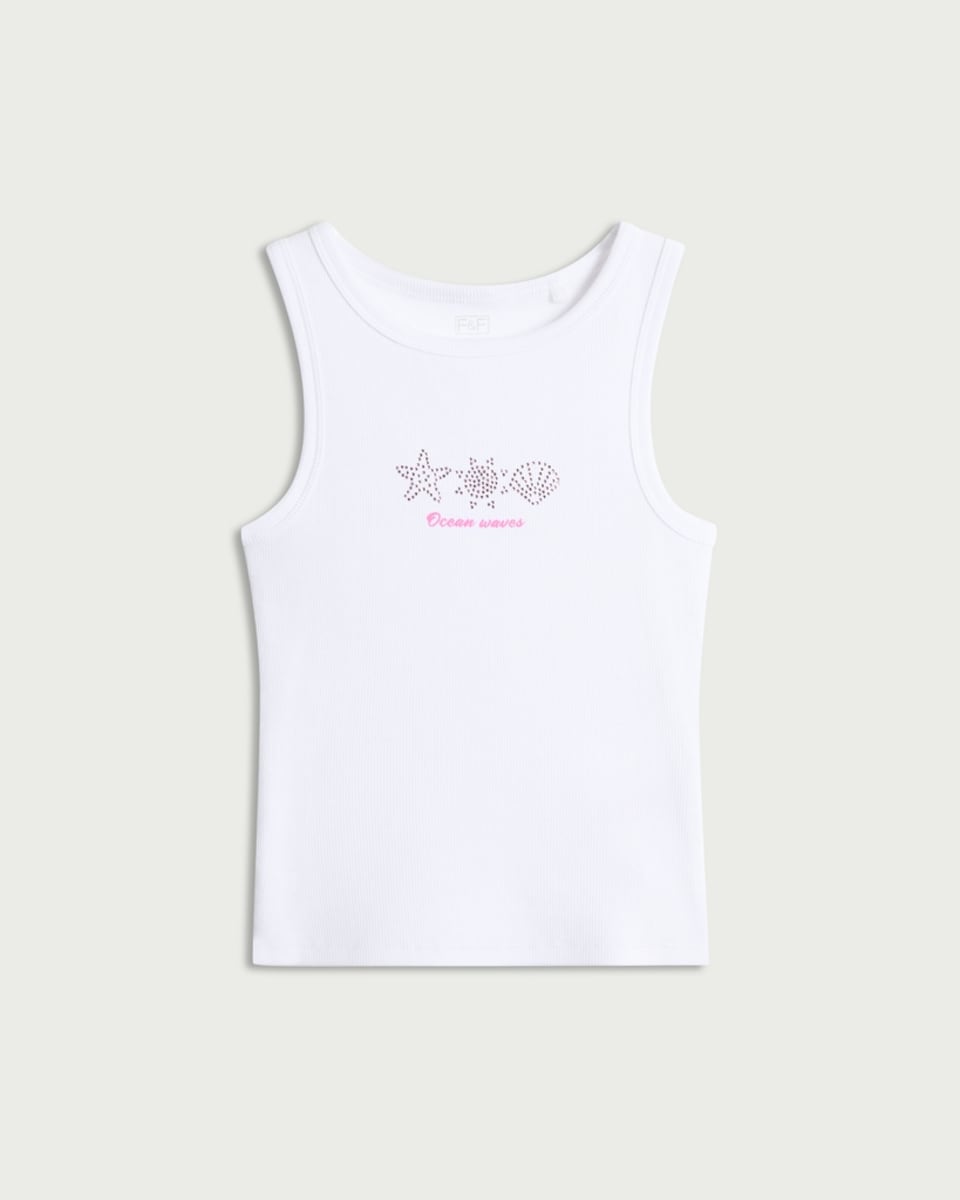 image 1 of F&F Girls Cotton Rich Embellished Vest in White