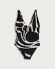 image 4 of F&F Abstract Print Buckle Accent Plunge Swimsuit in Multi Black White