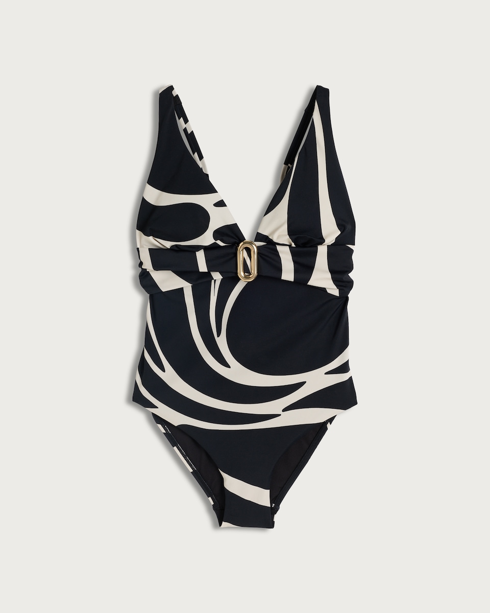 image 1 of F&F Abstract Print Buckle Accent Plunge Swimsuit in Multi Black White