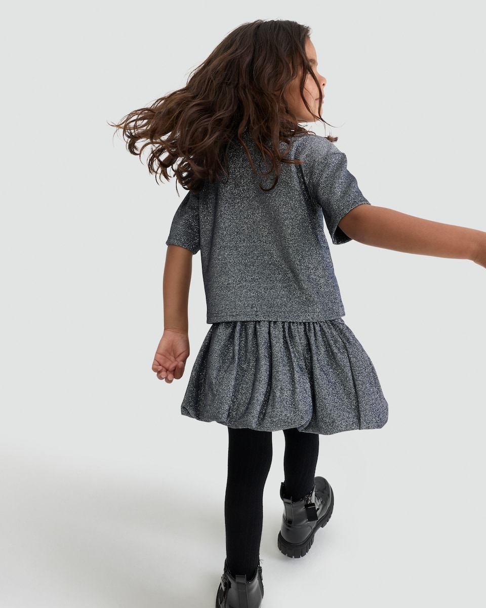 image 1 of F&F Girls 2-Piece Sparkle Bow Top and Skirt Set in Black