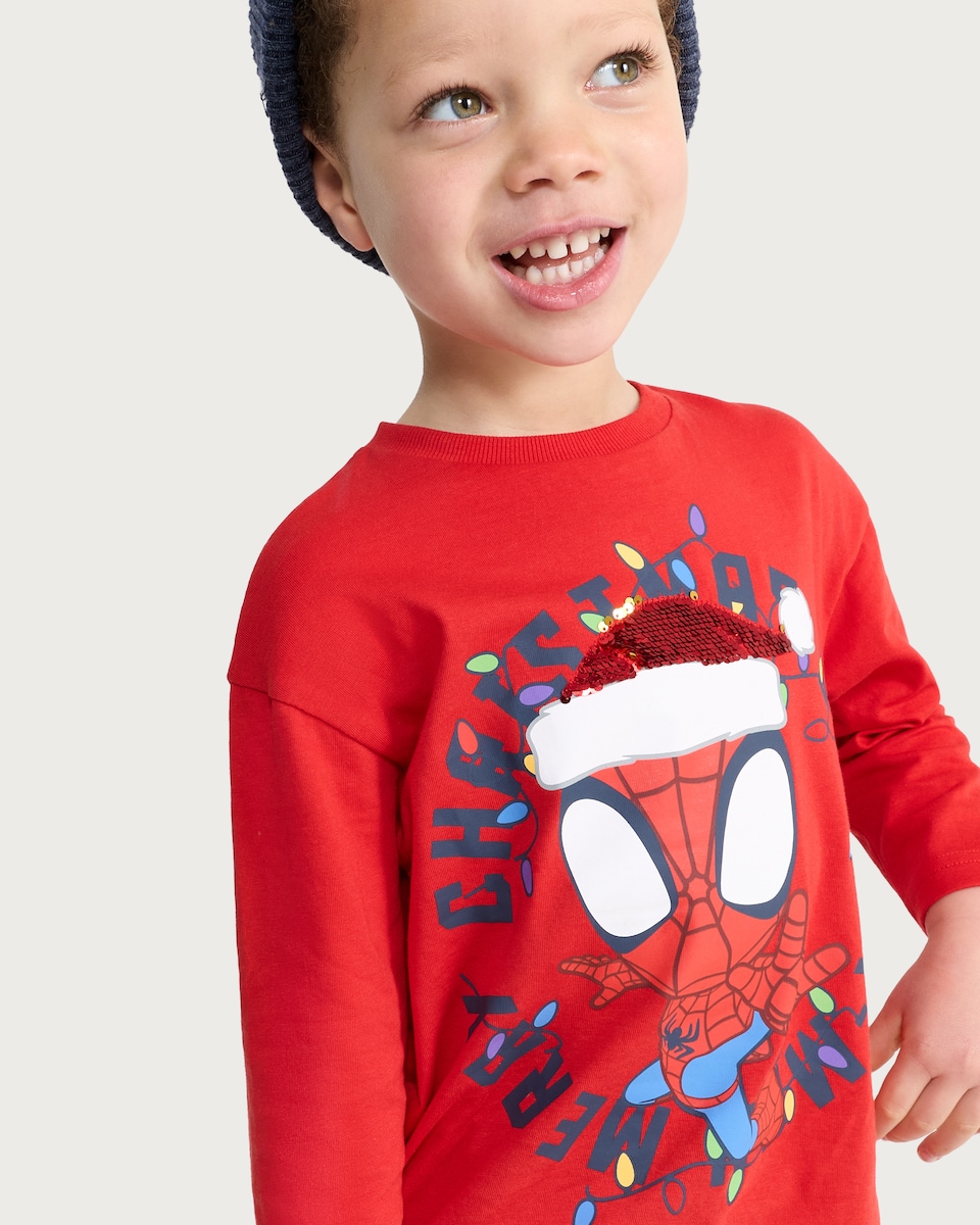 image 1 of Marvel Spider-Man Merry Christmas Pure Cotton Top in Red