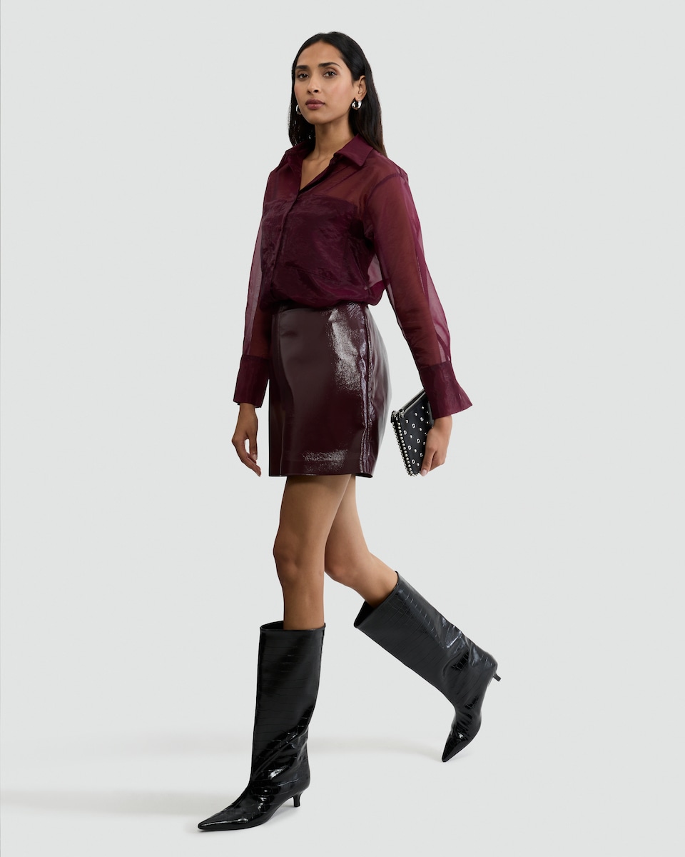 image 1 of F&F Organza Button Up Long Sleeved Shirt in Burgundy