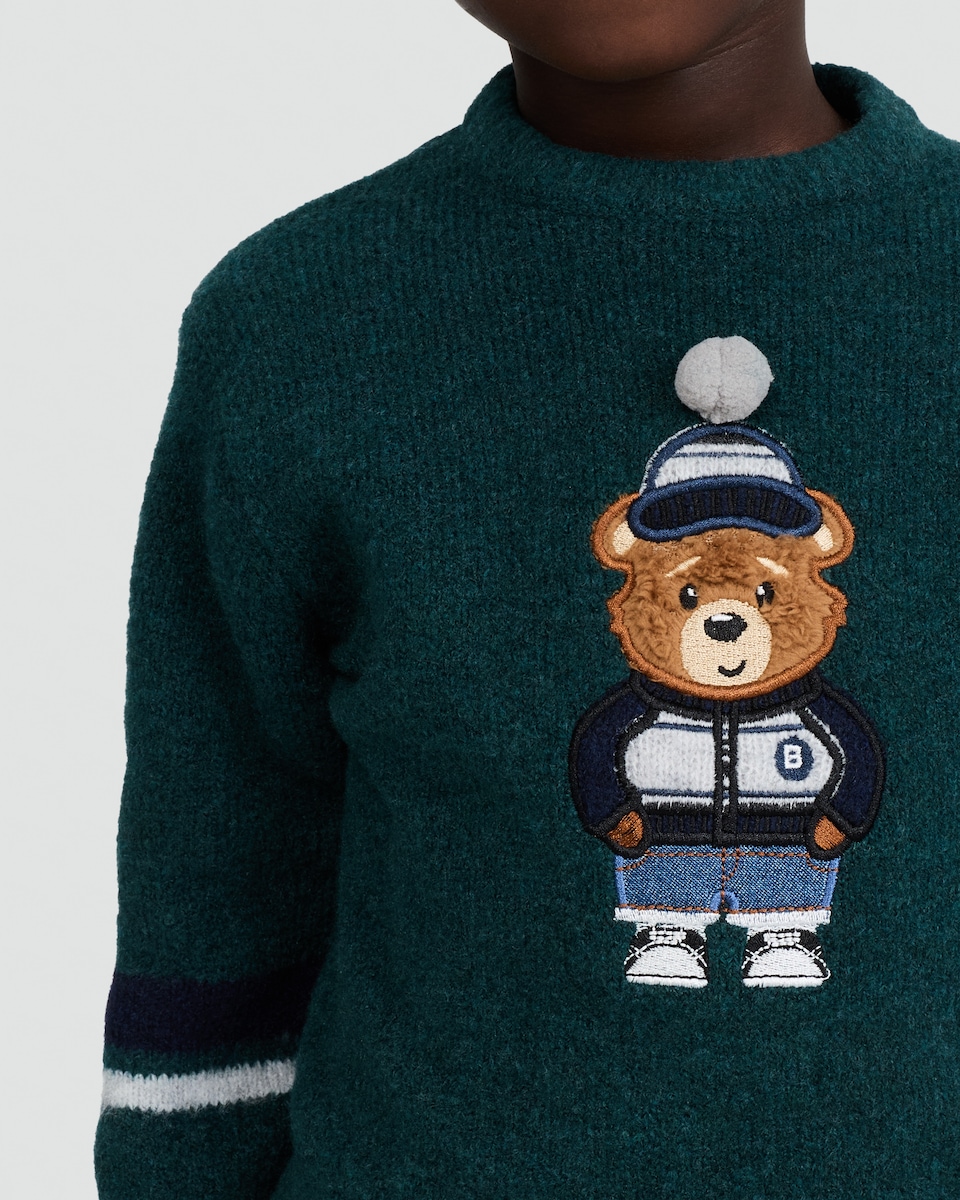 image 1 of F&F Boys Textured Knit Bear Print Jumper in Green