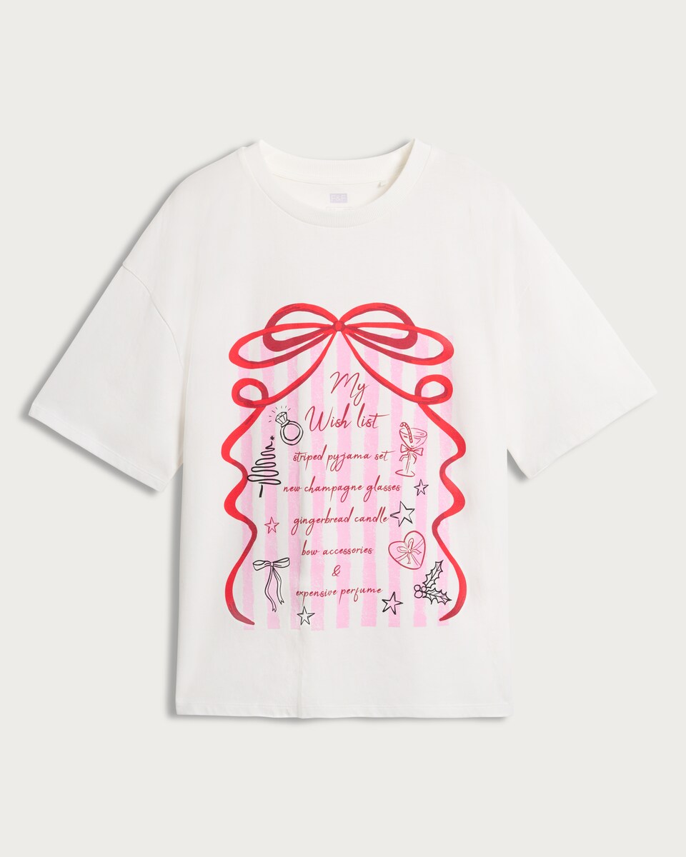image 1 of F&F Pure Cotton My Wish List Printed T-Shirt in Cream