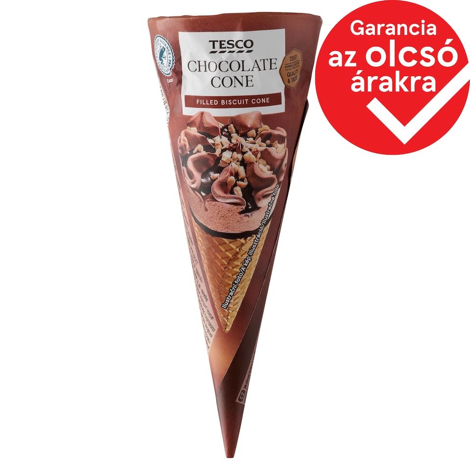 Tesco csokoládés jégkrém csokoládéízű öntettel kakaós bevonóval bevont ostyatölcsérben 120 ml
