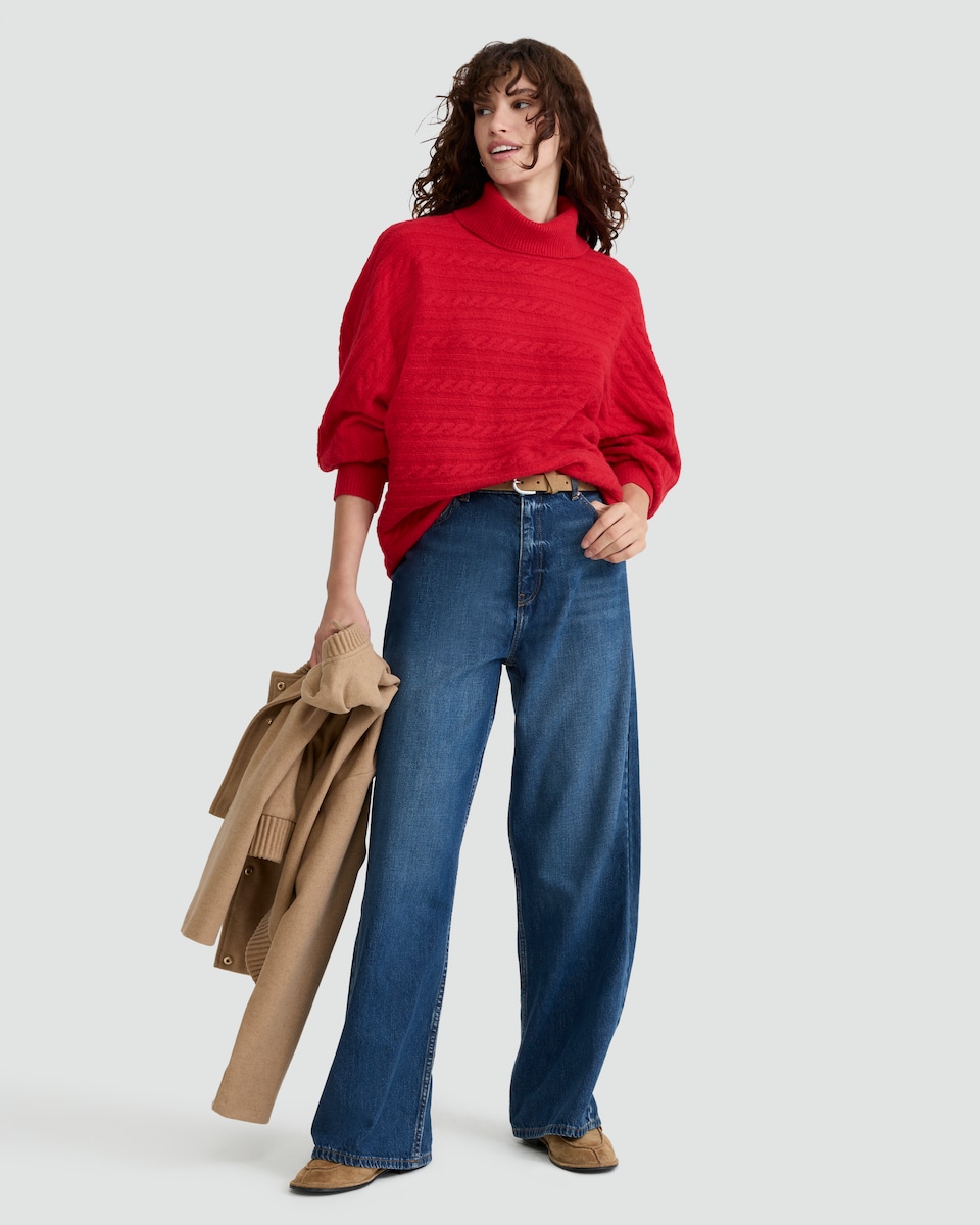 image 1 of F&F Cable Knit Roll Neck Batwing Jumper with Wool in Red