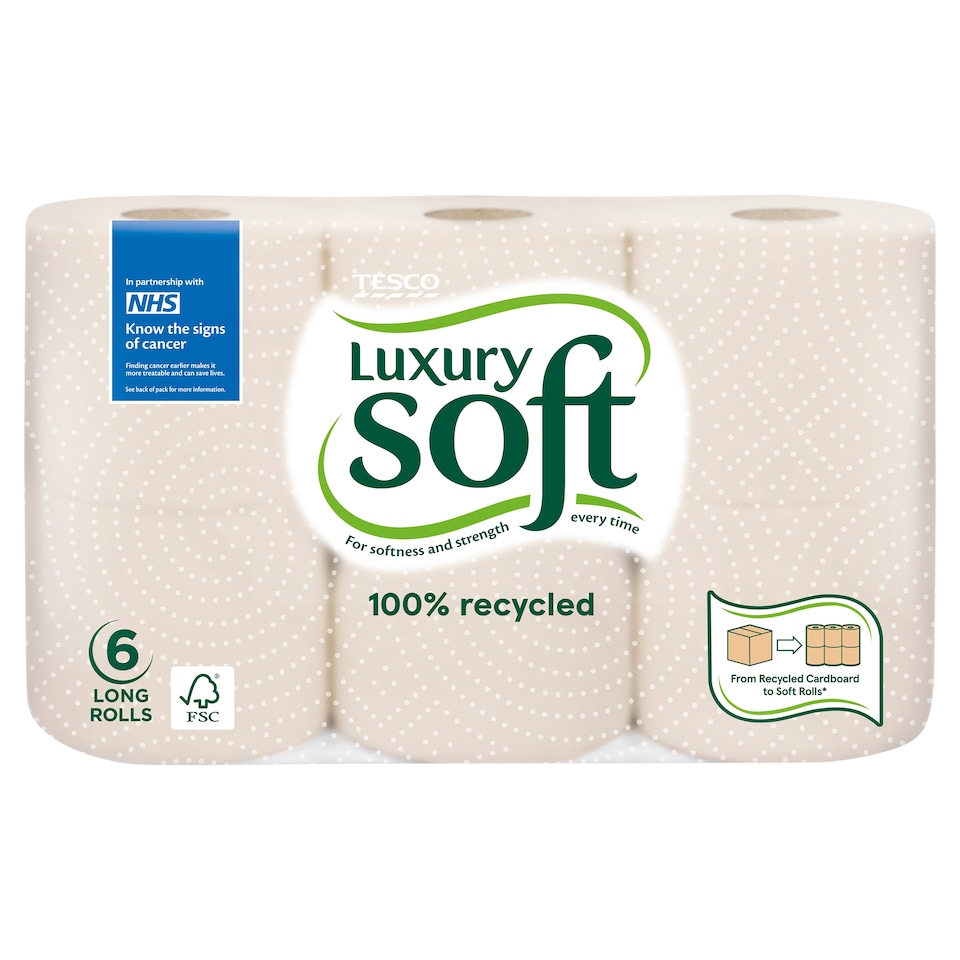 image 1 of Tesco Luxury Soft 100% Recycled Toilet Tissue 6 Long Rolls