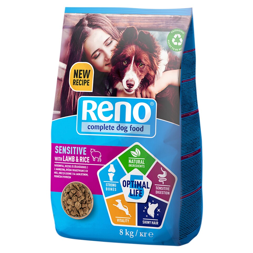 Reno Optimal Life száraz kutyaeledel kutyatáp felnőtt kutyáknak báránnyaL rizzsel, zöldségekkel 8 kg