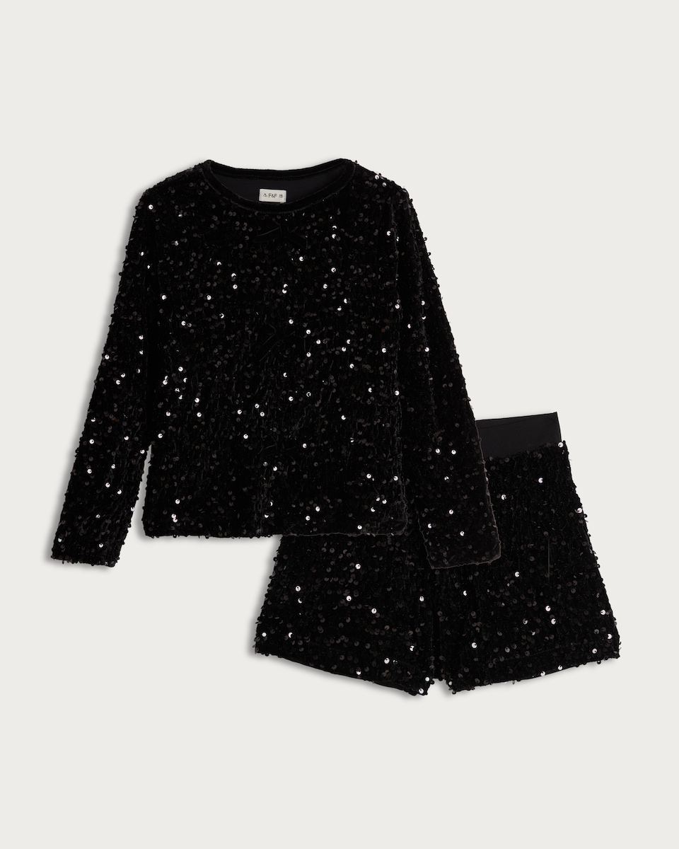 F&F Girls 2-Piece Sequin Long Sleeved Top and Shorts Set in Black