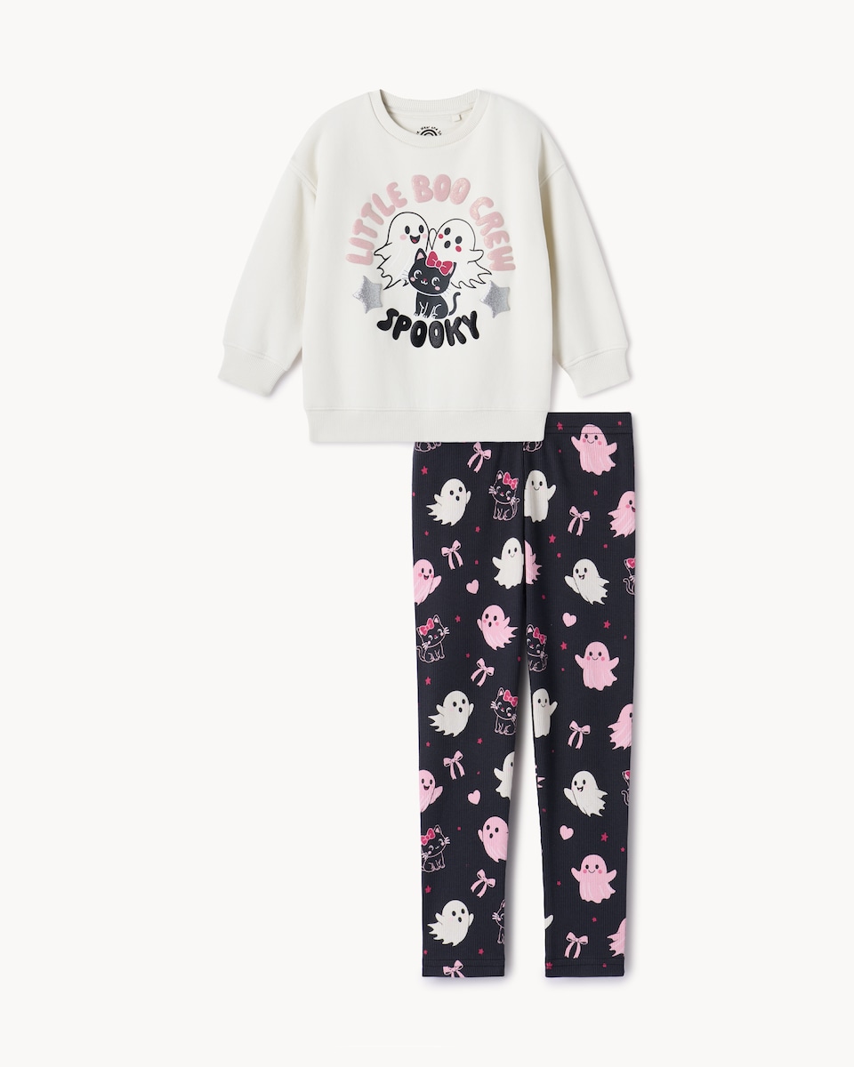 image 1 of F&F Girls Cotton Rich Boo Crew Sweatshirt and Leggings Set in Cream