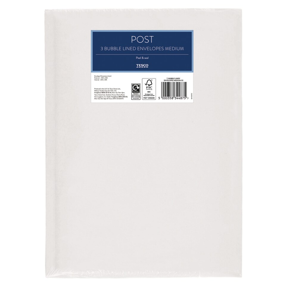 Tesco Bubble Lined A4 Envelopes Medium X3