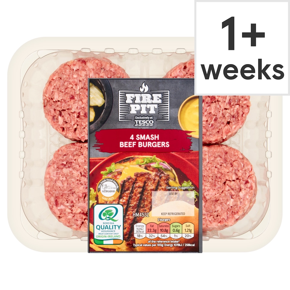 FIRE PIT Tesco 4 Smash Beef Burgers 400G