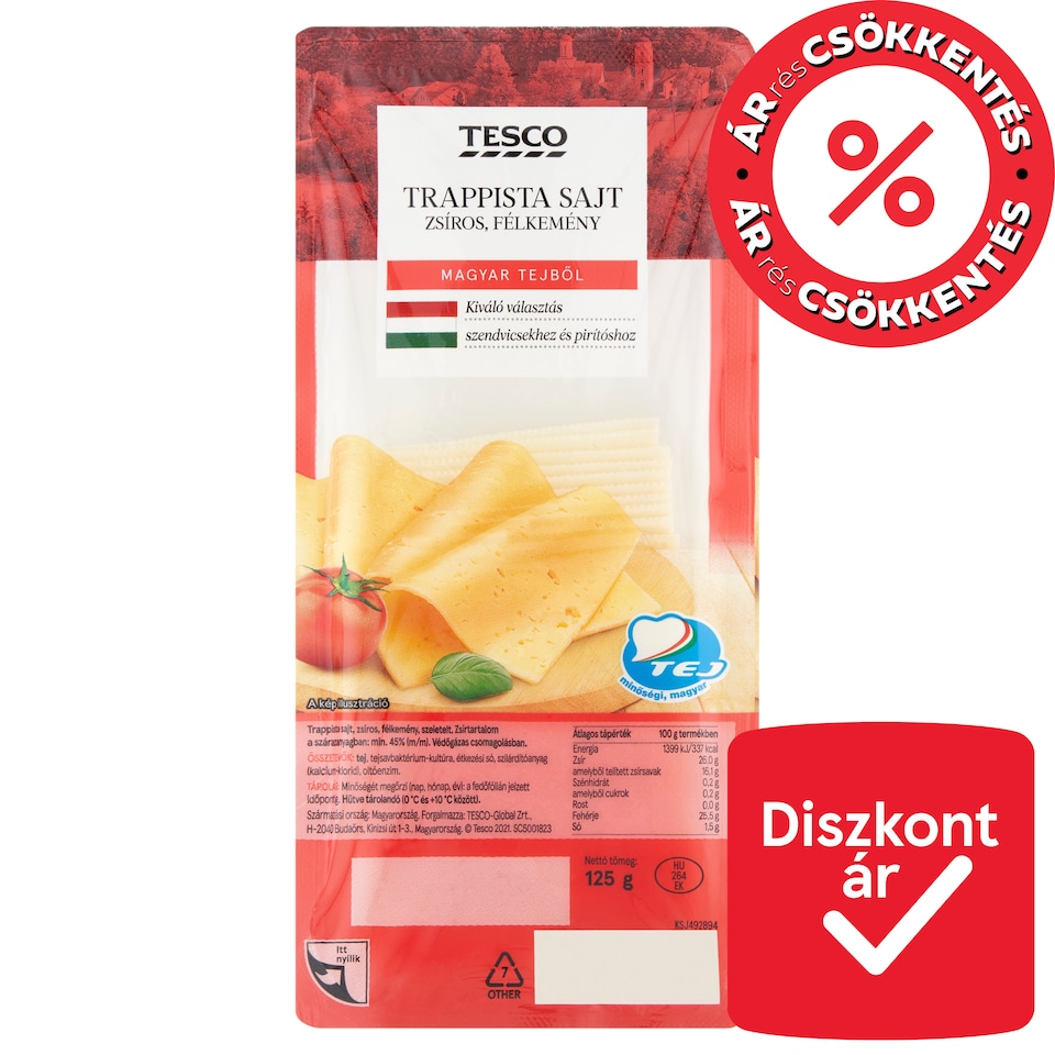 Tesco szeletelt, zsíros, félkemény trappista sajt 125 g