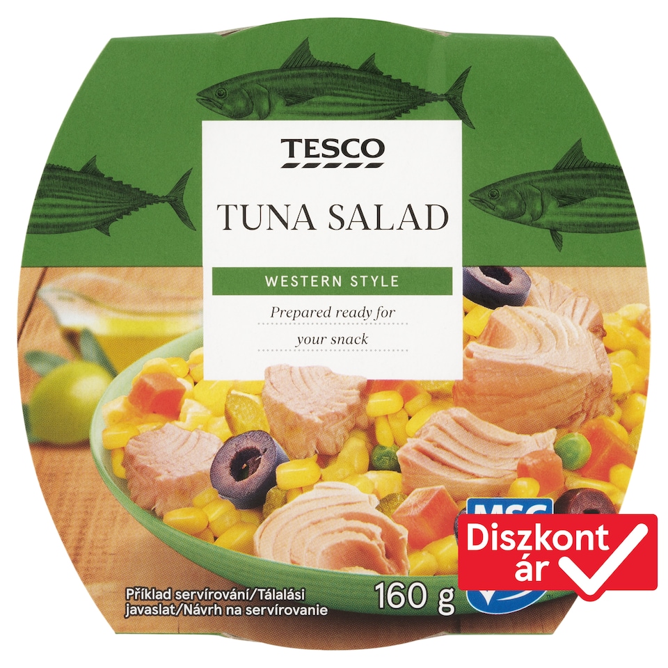 Tesco tonhal saláta kukoricával, sárgarépával, savanyú uborkával és fekete olívabogyóval 16 g