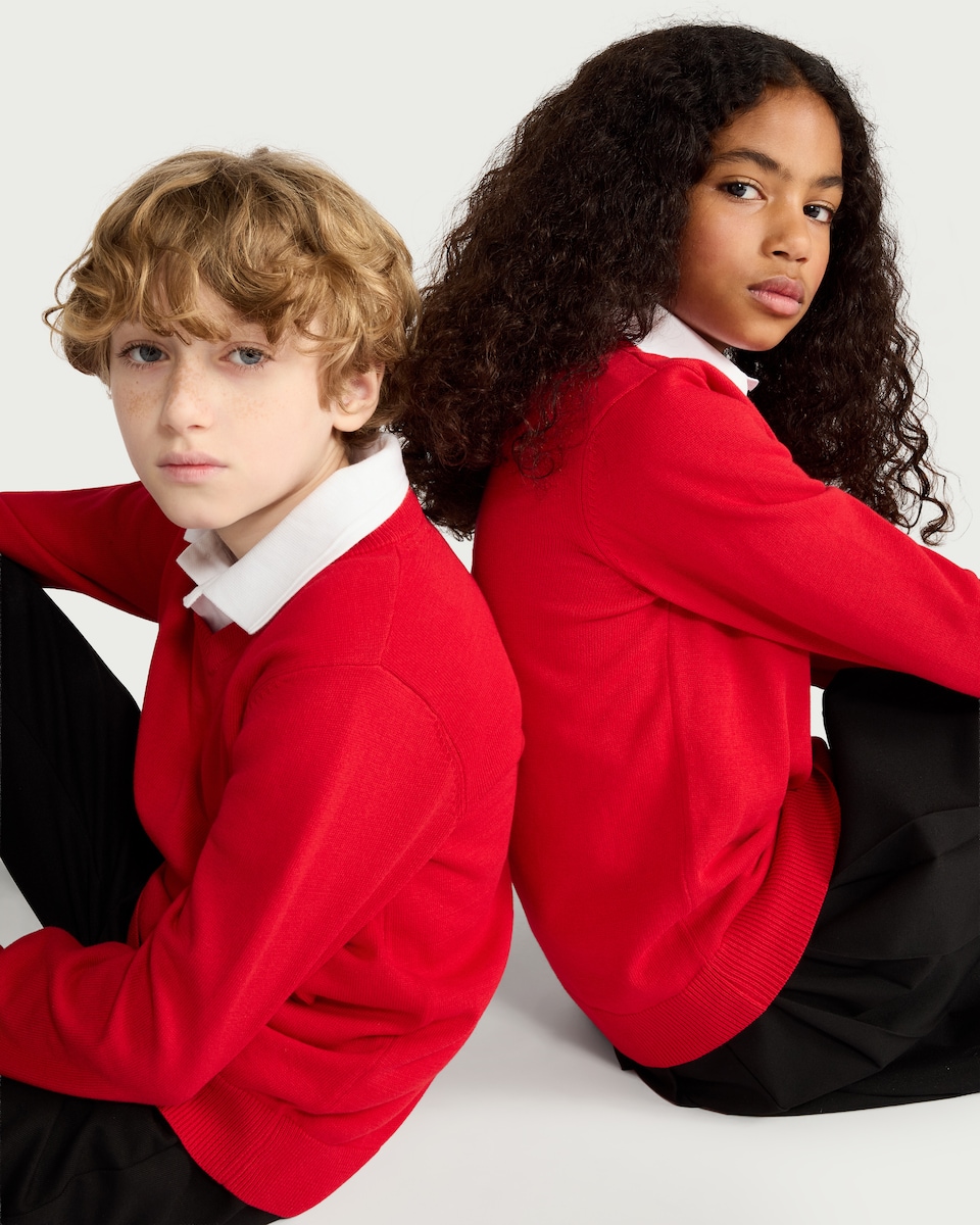 image 1 of F&F School Unisex 2-Pack Pure Cotton V-Neck Jumpers in Red