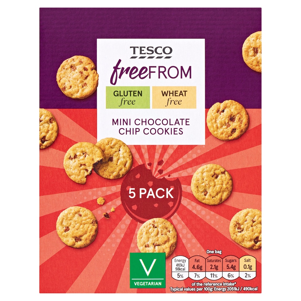 Tesco Free From Mini Chocolate Chip Cookies 5 Pack 100G Tesco Groceries