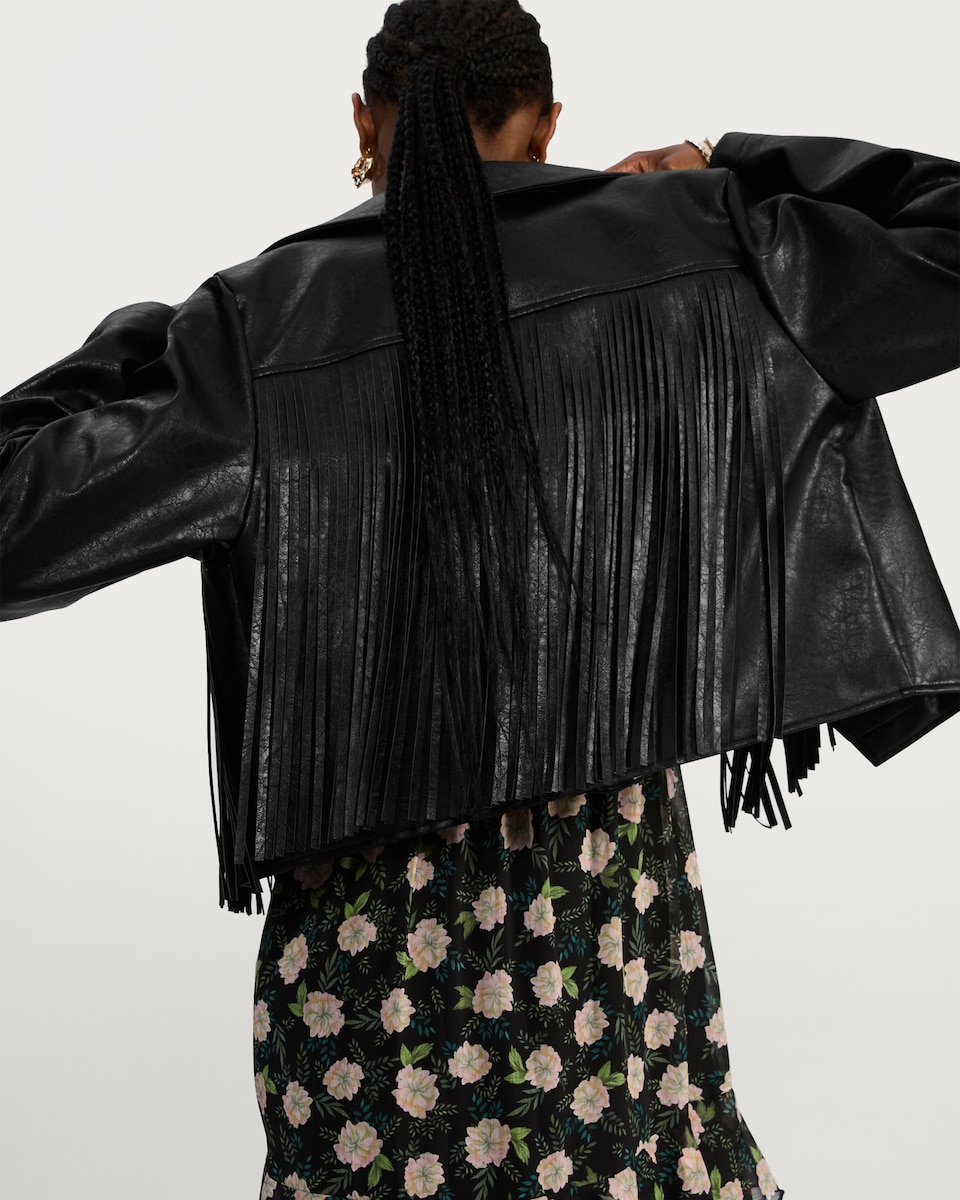 image 1 of F&F Faux Leather Fringed Jacket in Black