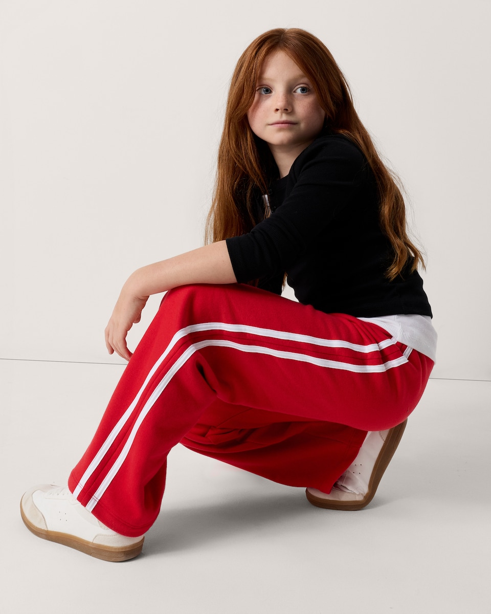 image 1 of F&F Girls Cotton Rich Side Stripe Wide Leg Joggers in Red