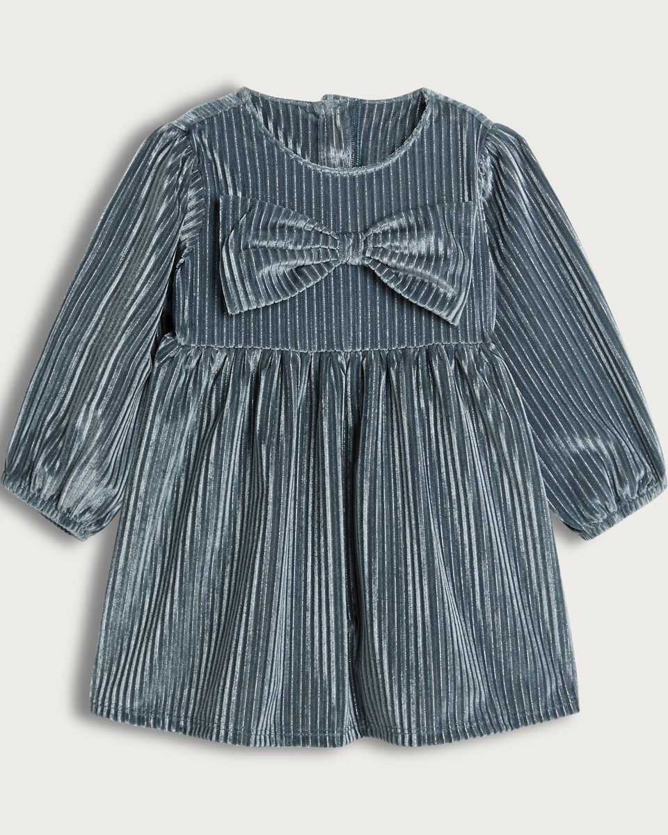 image 1 of F&F Baby Velour Bow Detail Pleated Dress in Silver