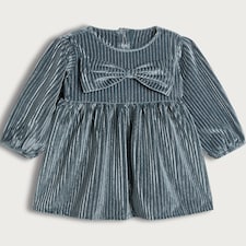F&F Baby Velour Bow Detail Pleated Dress in Silver