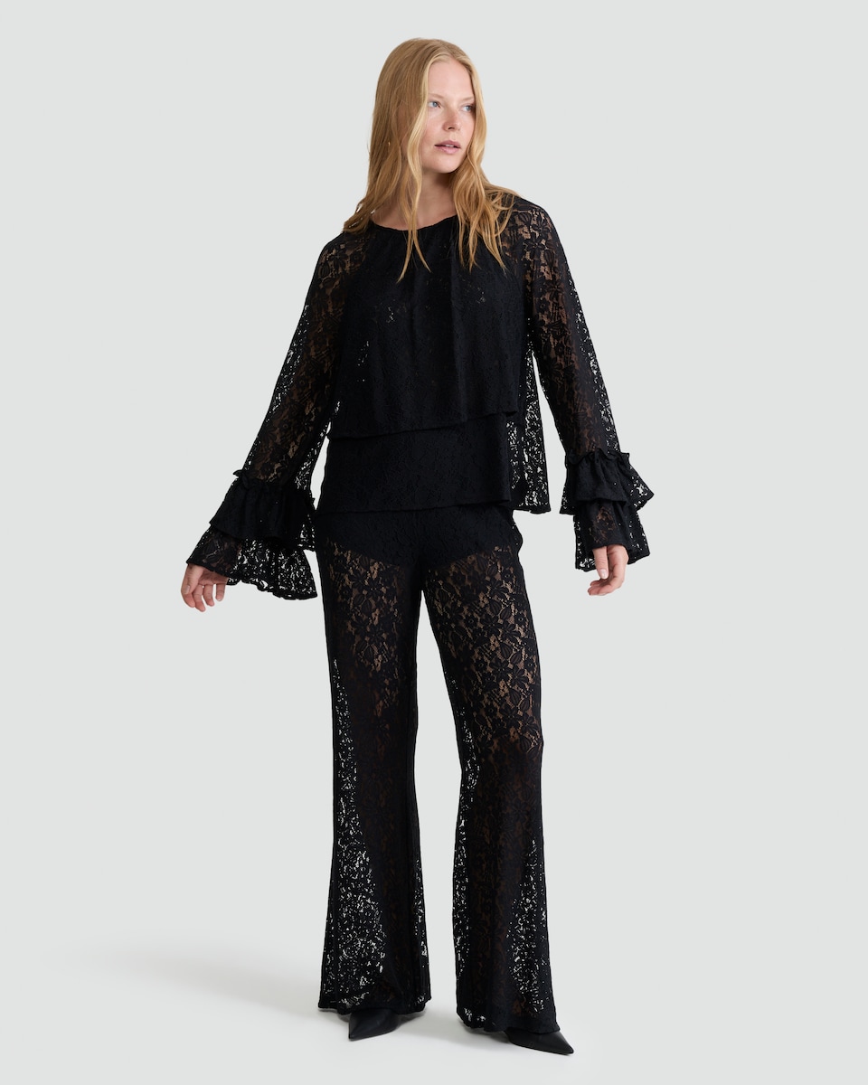 image 1 of F&F Lace Tiered Bell Sleeve Top in Black