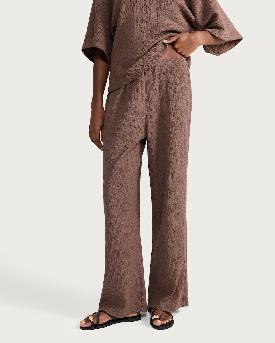 image 1 of F&F Cotton Rich Crinkle Textured Wide Leg Co-ord Trousers in Chocolate