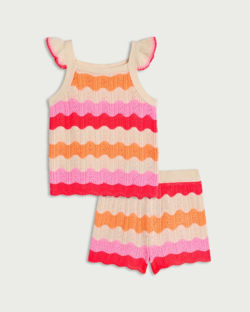 image 1 of F&F Girls 2-Piece Frilled Knitted Top and Shorts Set in Multi Pink