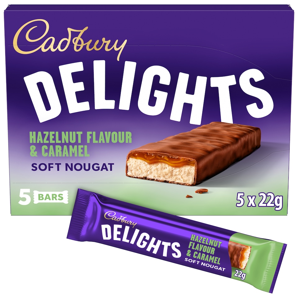 Cadbury Delights Hazelnut Caramel Chocolate Nougat Bar 5 Pack 110g