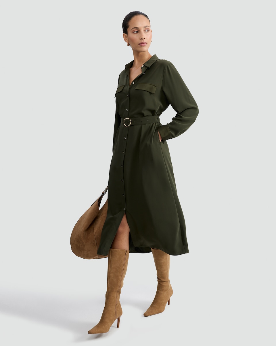 image 1 of F&F Belted Midi Shirt Dress in Khaki