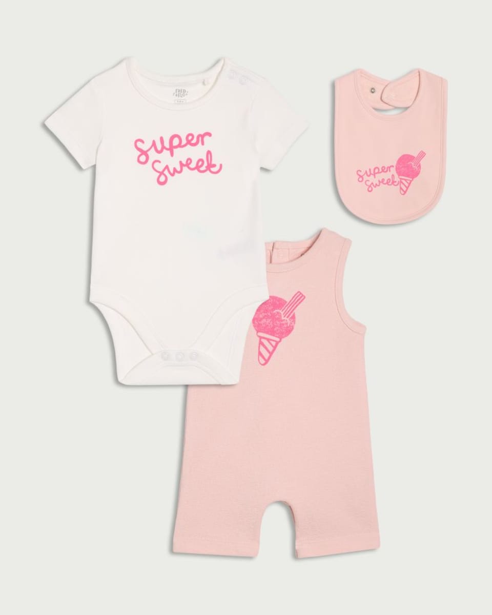 image 1 of F&F 3-Piece Super Sweet Bodysuit, Romper and Bib Set in Pink