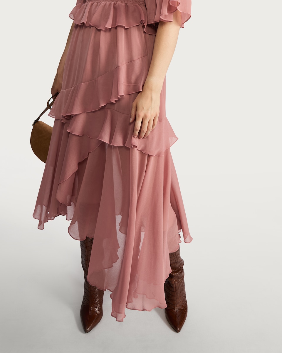 image 1 of F&F Chiffon Ruffle Boho Midi Dress in Pink