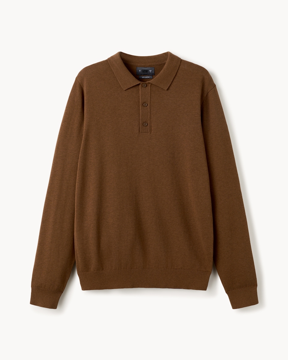 image 1 of F&F Pure Cotton Knitted Polo Jumper in Brown