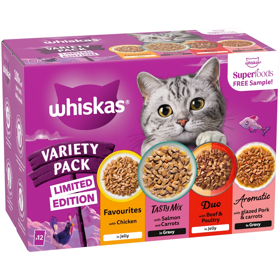 image 1 of WHISKAS 1+ Wet Cat Food Pouches Variety pack in Gravy and Jelly 12 x 85g