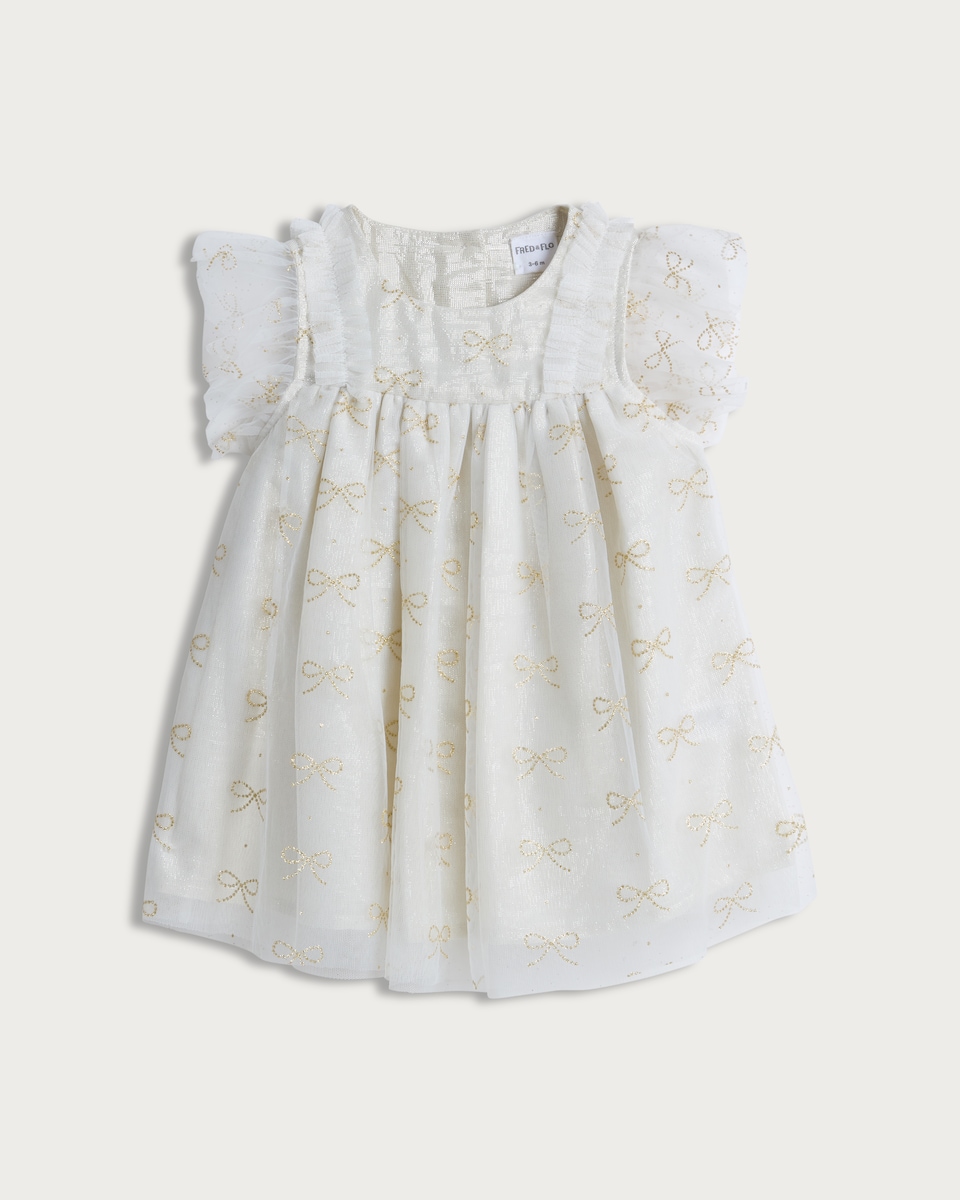 image 1 of F&F Baby Bow Print Frill Sleeve Dress in White