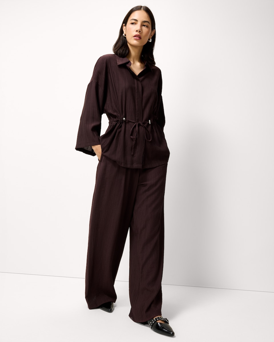image 1 of F&F Textured Tie Waist Co-ord Blouse in Burgundy