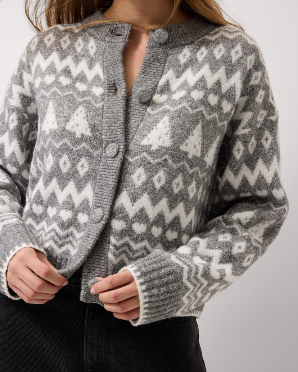 image 1 of Christmas Sparkly Fair Isle Cardigan in Grey