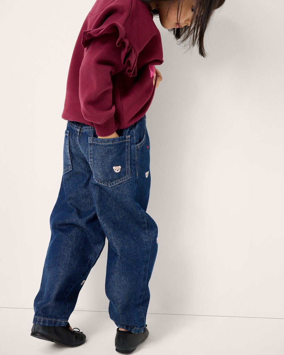 image 1 of F&F Girls Pure Cotton Embroidered Jeans in Blue