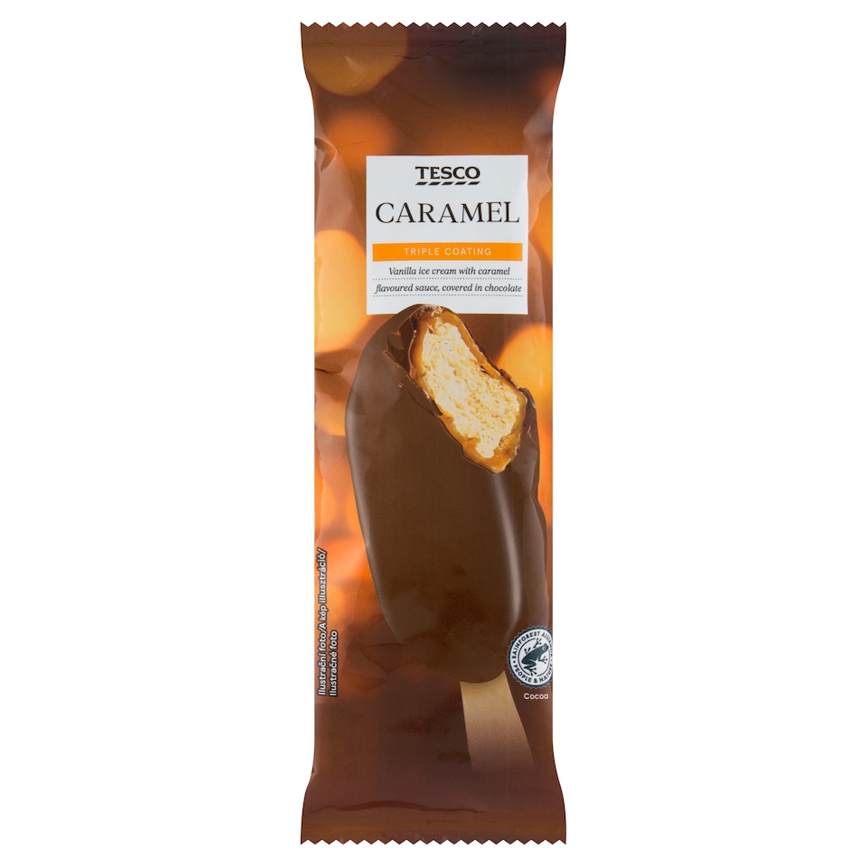 Tesco Mrazený krém vanilkový s polevami s karamelovou a kakaovou príchuťou v mliečnej čokoláde 74 g