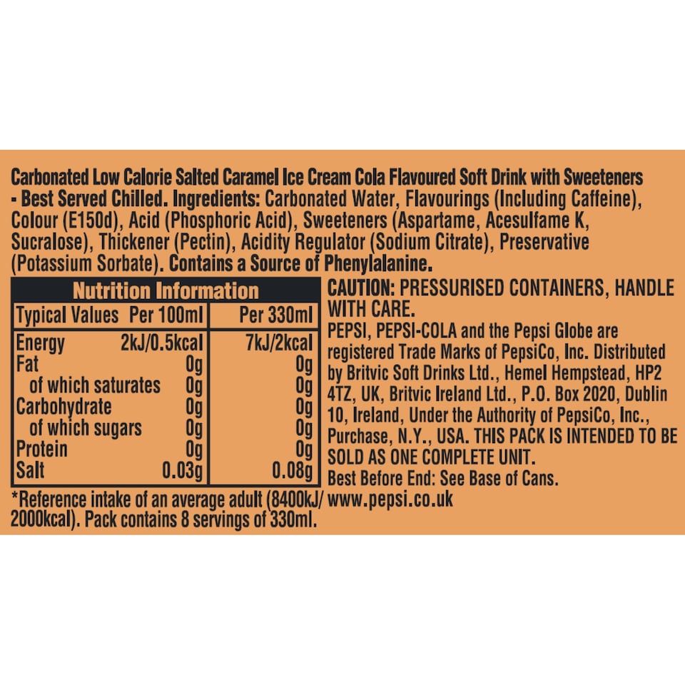 image 1 of Pepsi Salted Caramel Ice Cream Flavour Zero Sugar 8 x 330ml