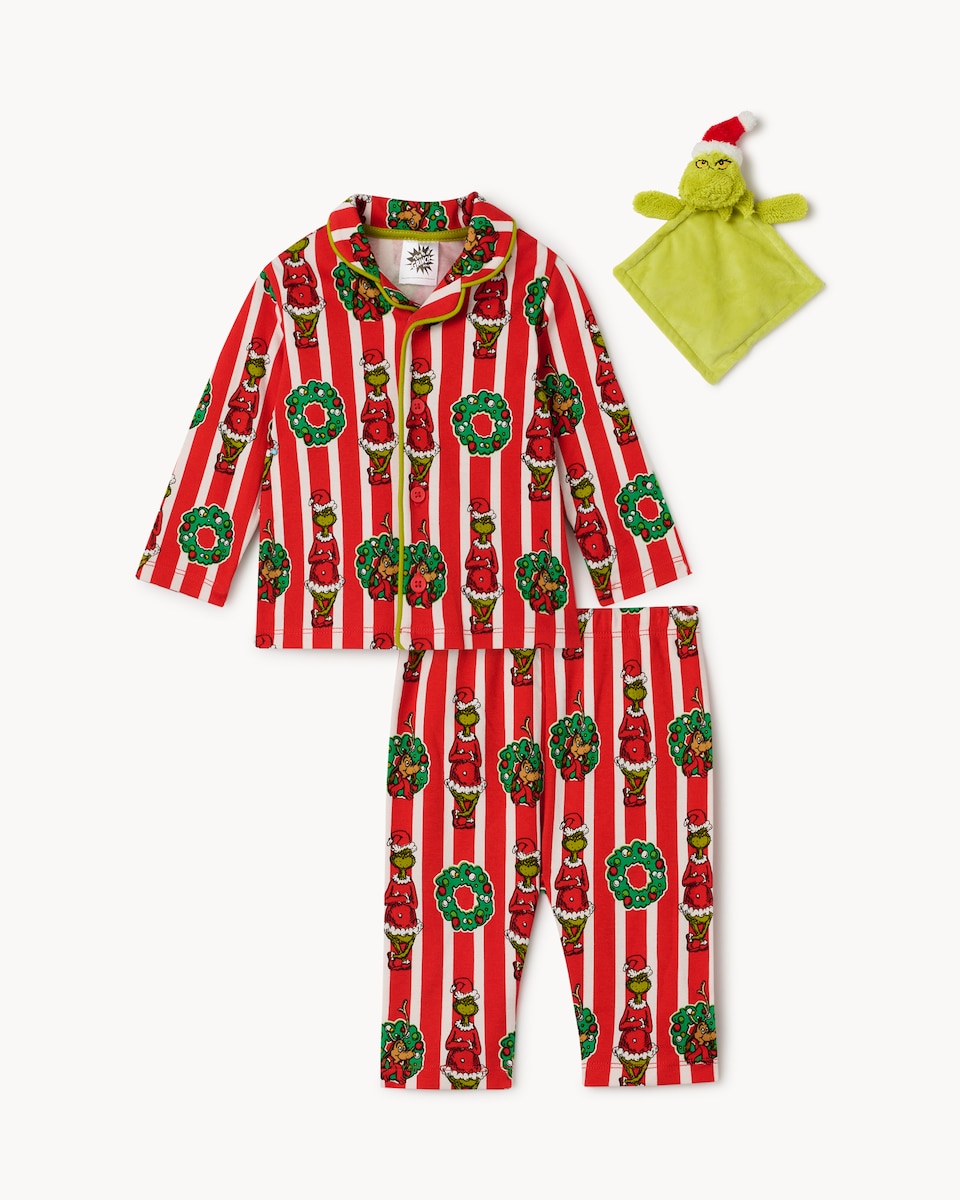 image 1 of The Grinch Striped Revere Pyjama Set with Comforter in Red