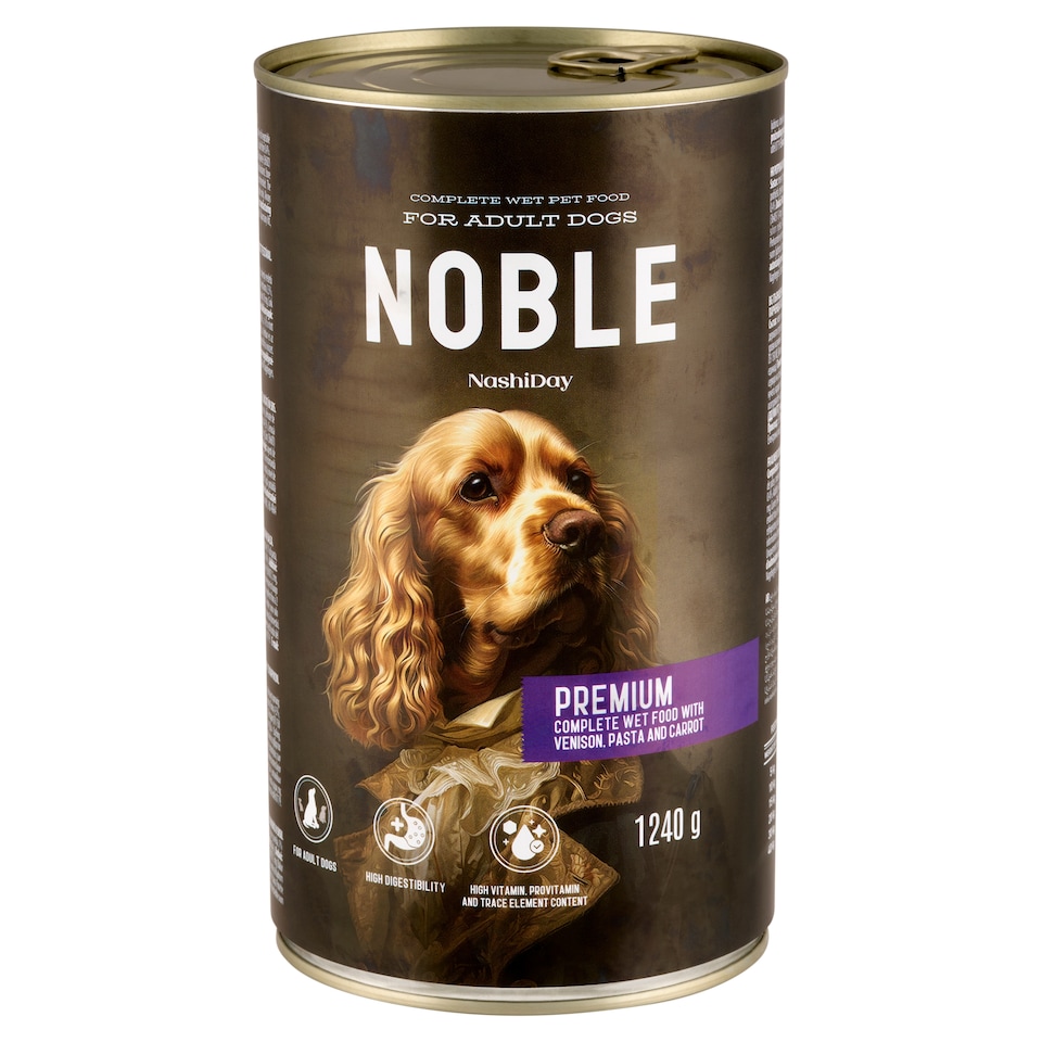 NashiDay Noble teljes értékű nedves állateledel felnőtt kutyáknak vaddal, sárgarépával 1240 g  1. kép