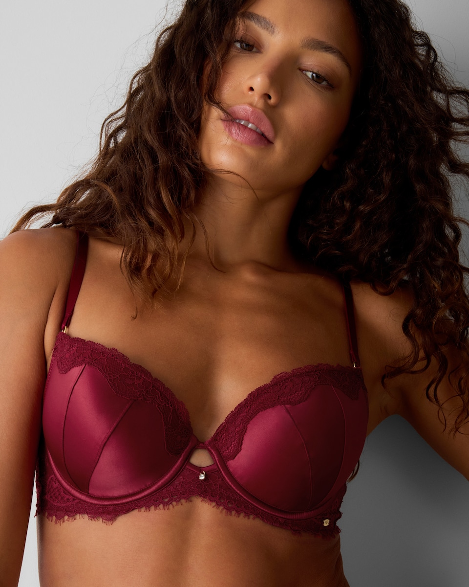 image 1 of F&F Satin Lace Trim Wired Plunge Bra in Red