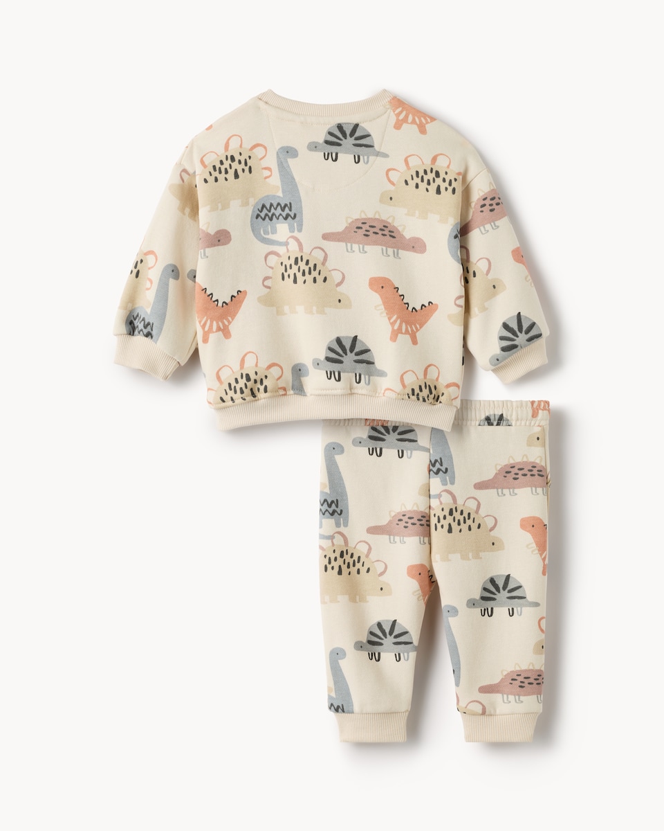image 1 of F&F Baby 2-Piece Cotton Rich Dinosaur Print Sweatshirt and Joggers Set in Neutral