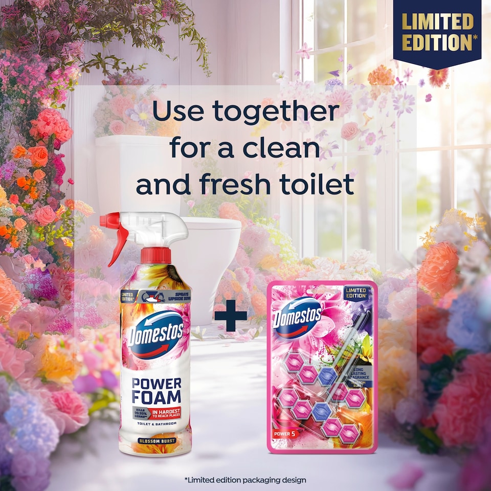 image 1 of Domestos Power Foam Toilet and Bathroom Cleaner Blossom Burst Limited Edition 450ml