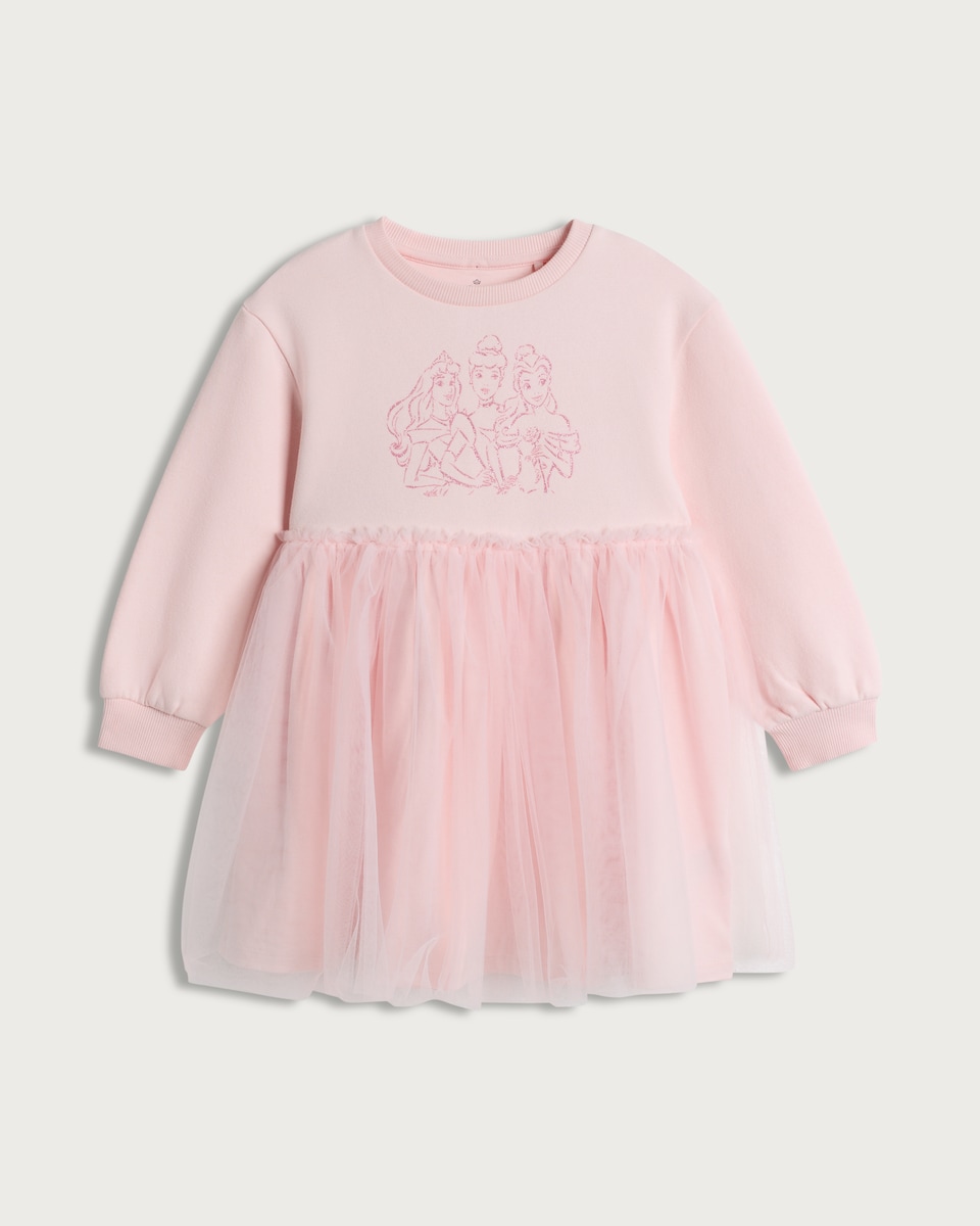 image 1 of Disney Princess Cotton Rich Long Sleeved Tulle Sweatdress in Hot Pink