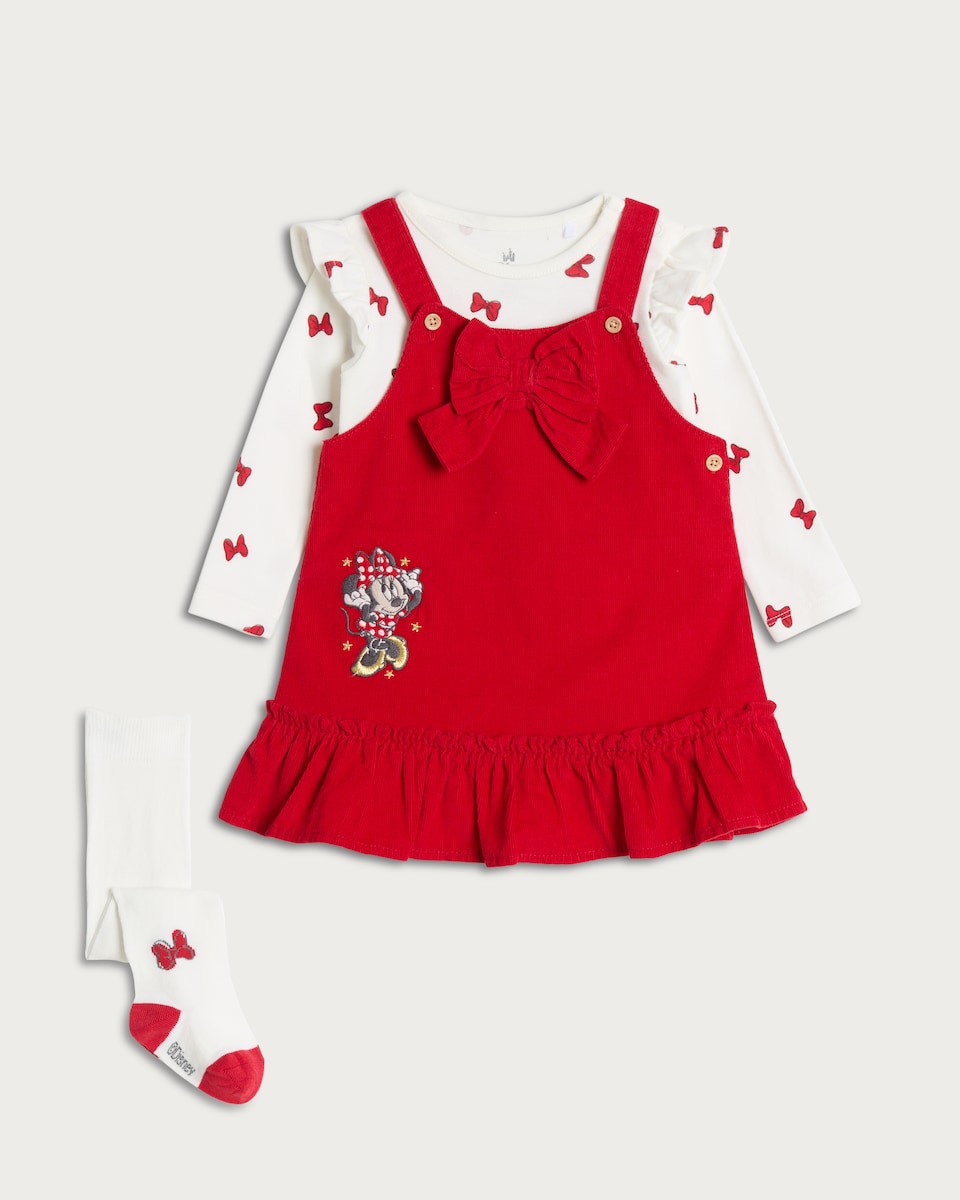 image 1 of Disney Minnie Mouse 3-Piece Pinafore, Bodysuit and Tights Set in Red