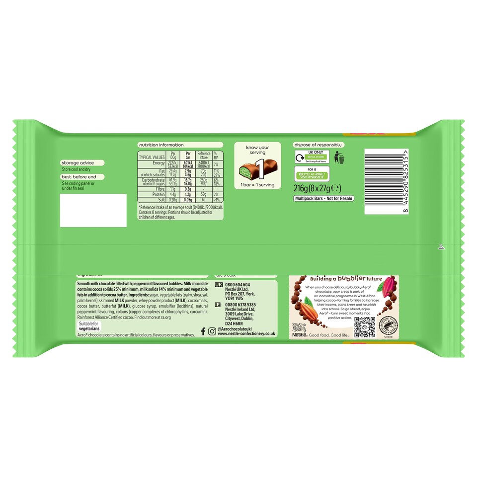 image 1 of Aero Peppermint Milk Chocolate Bubble Bars 8 x 27g