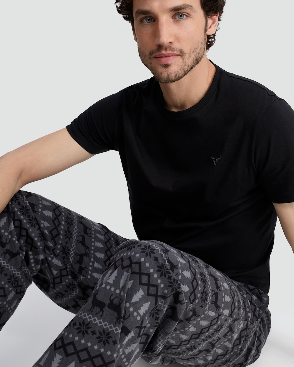 image 1 of F&F Pure Cotton Top and Fleece Patterned Pants Pyjamas in Black