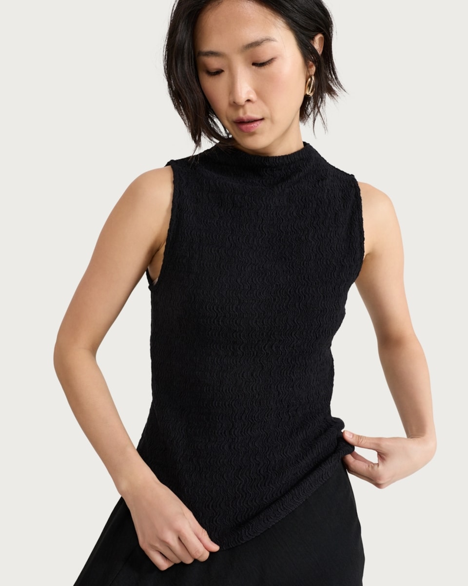 image 1 of F&F Cotton Rich Crinkle Textured High Neck Sleeveless Top in Black