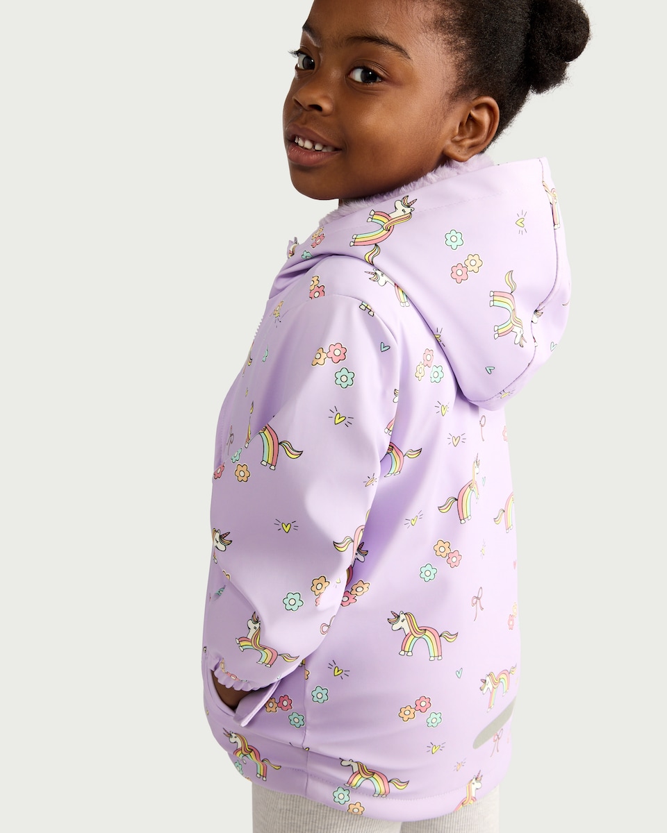 image 1 of F&F Girls Unicorn Print Raincoat in Lilac